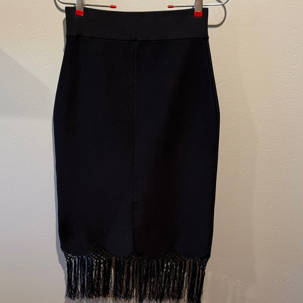 A.L.C Scalloped Black Fringe Hem Pencil Bodycon High Waisted Tassel Skirt - Picture 8 of 13